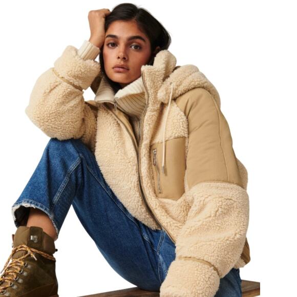 ba&sh Tan Eva Mixed Media Canvas Shearling Hooded Coat - Picture 1 of 12